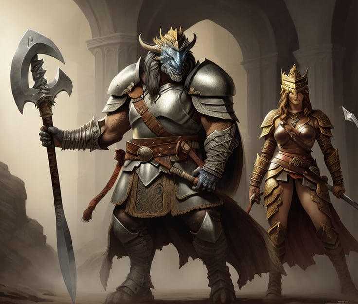 crowded, festive, great hall, female concubines, paladin, knights , best quality, battle seasoned ,Kings,   frank frazetta, conan , Male, Champion, Bravery, regal , structure ,War axe, war hammer , huge, black hair, olive complextion, splint mail armor, great helm,Lich king.,dragonborn