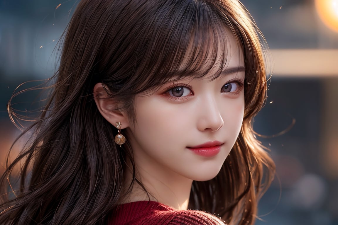 masterpiece, high quality, realistic aesthetic photo ,(HDR:1.4), pore and detailed, intricate detailed, graceful and beautiful textures, RAW photo, 16K, (bokeh:1.3), natural moon light, back lighting, Subsurface scattering, warm tone, (front from face shot),
25yo-japanese-1girl, beautiful face, (light-smile:1.1),  beautiful black straight long hair, dull bangs, (hair blowing in the wind:1.2), (detailed beautiful dark-brown eyes:1.3), smooth skin, juicy lips, eye_shadow, small earing, dark-red sweater, (glare at camera:1.2),          
high detailed, ultra detailed, 9x16 aspect ratio, 
high resolution, world-class official images, impressive visual, perfect composition,1 girl