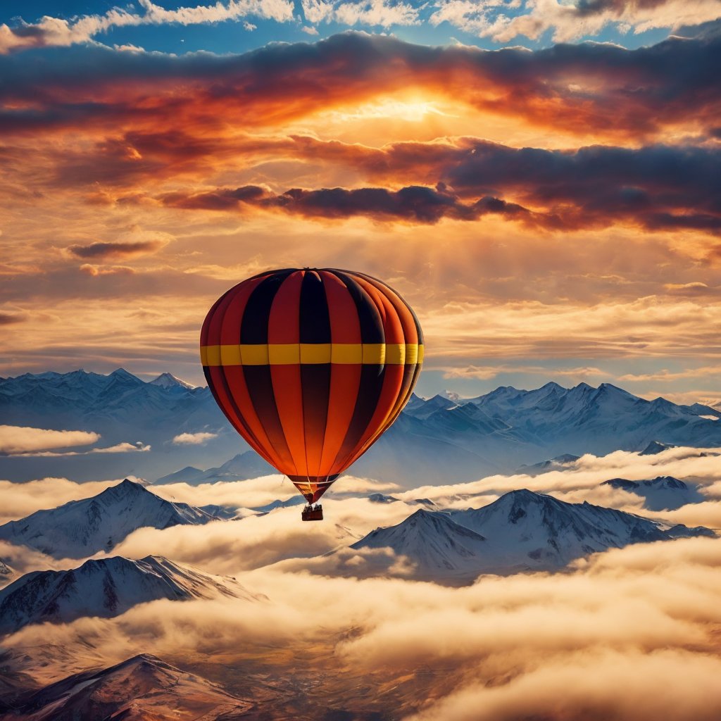 masterpiece, high quality realistic, aesthetic photo, pore and detailed, intricate detailed, graceful and beautiful textures, RAW photo, 16K, forcus on hot-air-balloon, diffused sunlighting ,in the high sky, orange clouds, snowy mountains in the distance, forcus on colorful-hot-air-balloon