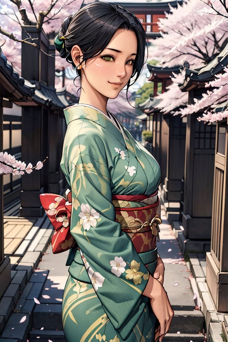 a beautiful japanese 1girl, detaled face, fair skin, shy smile, dark eyes, decorative topknot black hair, red ornate hairpin, detailed, warm lighting, kyoto in the spring,                                                                                                    ((yellow-green-color cherry-blossoms brocade kimono))
