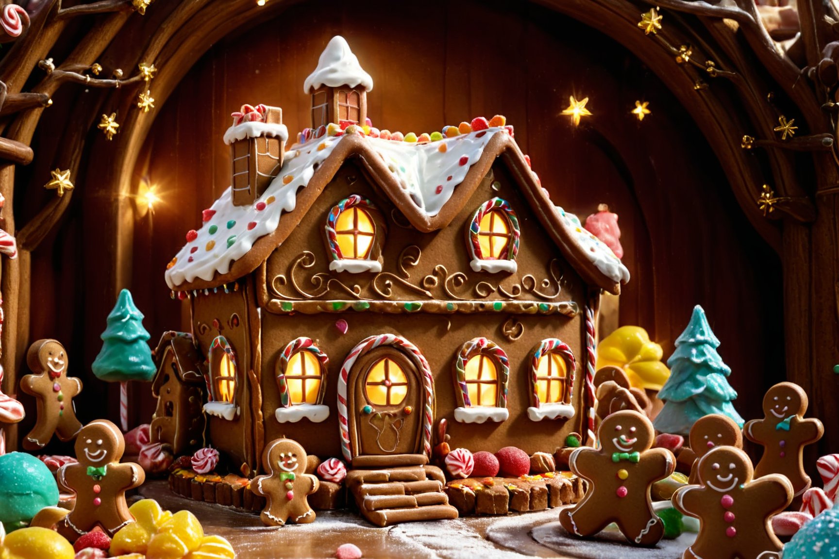 masterpiece, high quality animation, aesthetic photo ,(HDR:1.4), pore and detailed, intricate detailed, graceful and beautiful textures, RAW photo, 16K, warm tone, sharp, (gingerbread-house:1.4), confectionery,  scattered gummies,, cookie outer wall, cookie roof with fresh-cream, candy tree, colorful,more detail XL,kid_backdrop,ADD MORE DETAIL