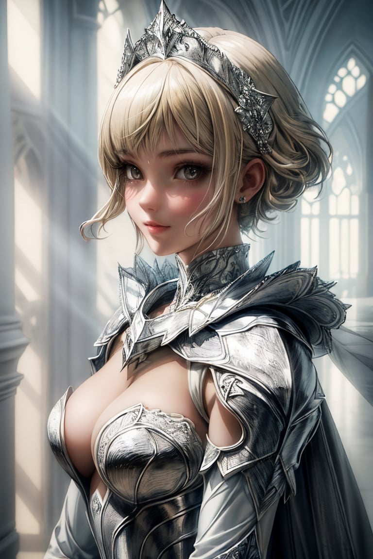 masterpiece, high quality, animation aesthetic photo ,(HDR:1.3), pore and detailed, intricate detailed, graceful and beautiful textures, RAW photo, 16K, diffused sunlight, , high contrast, wide shot, front view, (head to waist portrait),, (white-Knight girl theme:1.4)), beautiful girl, detailed face, gentle smile, light-blond curl short hair, fair skin, (white sexy armor with jewelry), high detailed, ultra detailed, vibrant colors, ambient lighting, high resolution, world-class official images, impressive visual, perfect composition