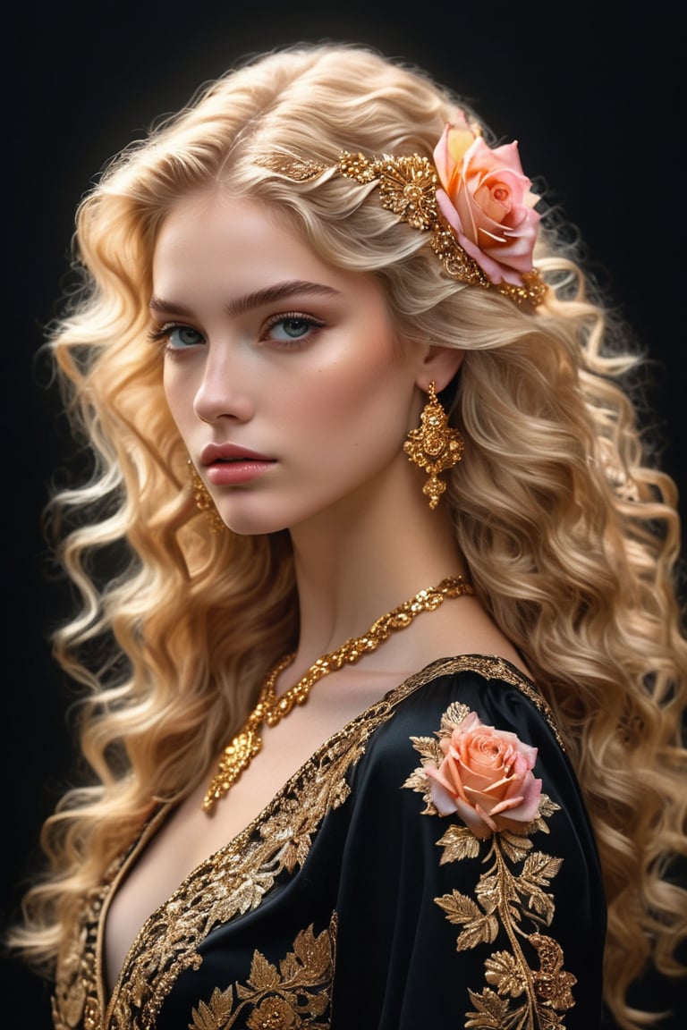 masterpiece, high quality realistic, fantacy-world art, aesthetic photo, pore and detailed, intricate detailed, graceful and beautiful textures, RAW photo, 16K, (head to waist portrait), side view, look at camera, black simple background, captivating young girl engraved in gold, beautiful face, detailed  eyes, blond medium wavy hair, rose hair ornament, black dress,