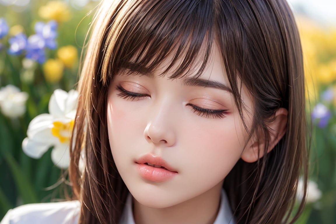 masterpiece, realistic, photorealistic, raw photo, best quality,8K,  side warm sunlight, bokeh, realistic illustration, (detailed face:1.3), freesia field background,                                                                            
22yo-1girl,  dark-blond shoulder-length hair,dull bangs, closed eyes, (blush), juicy lips, smooth skin, white knit shirt,(pout:1.3), (kiss-face:1.2),