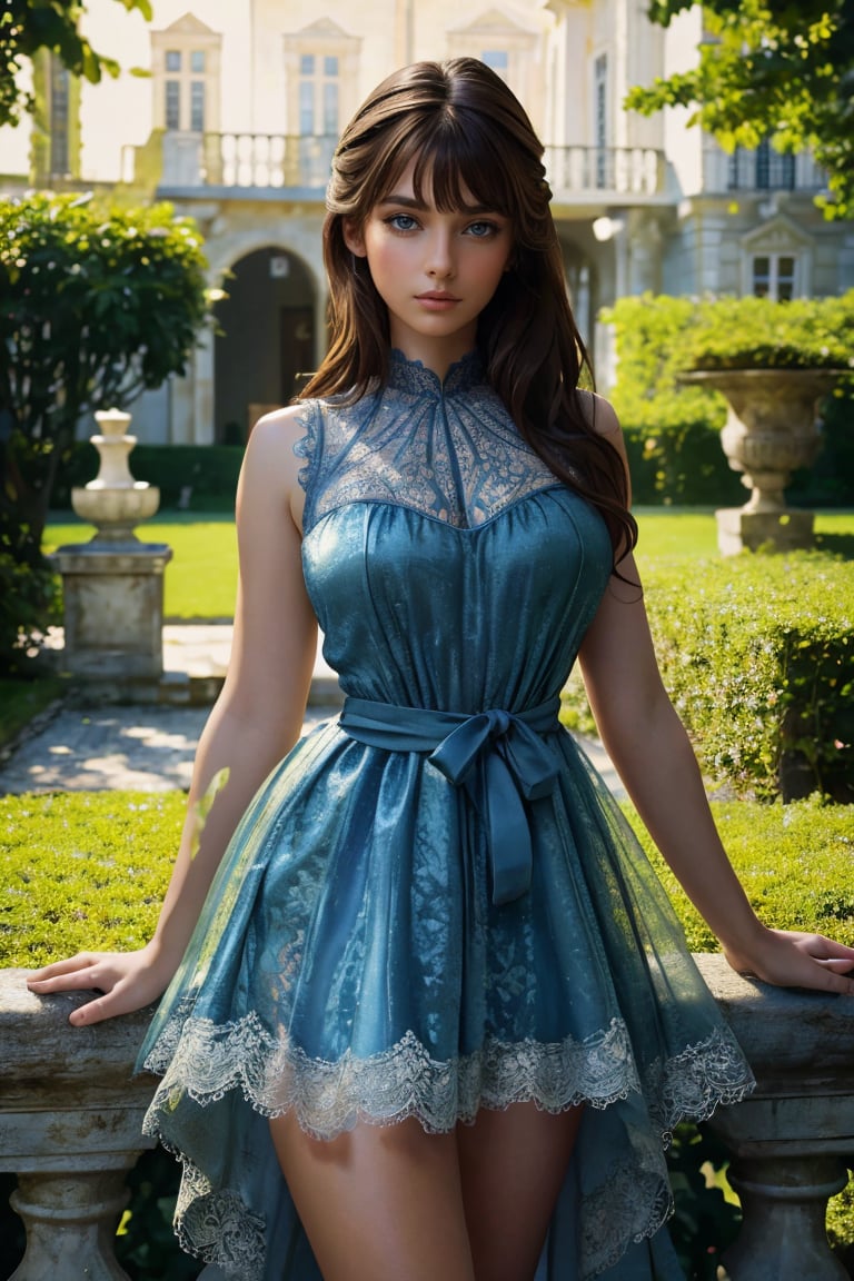 masterpiece, high quality realistic, aesthetic photo, pore and detailed, intricate detailed, graceful and beautiful textures, RAW photo, 16K, (head to waist portrait), in the mansion garden, beautiful european girl, smooth fair skin, cool face, dark brown medium wavy hair, dull bangs, deep blue eyes, open chest sleeveless lace dress, high detailed, ultra detailed, ambient lighting, high resolution, world-class official images, impressive visual, perfect composition,