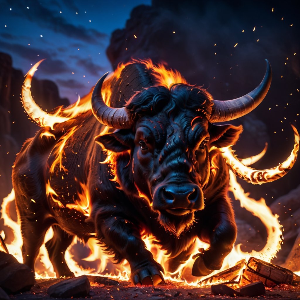 masterpiece, high quality, pore and detailed, intricate detailed, RAW photo, 16K, cinematic lighting, at night, burn ferocious-buffalo, stunning horns, (flare up body), glitter,Disney pixar style