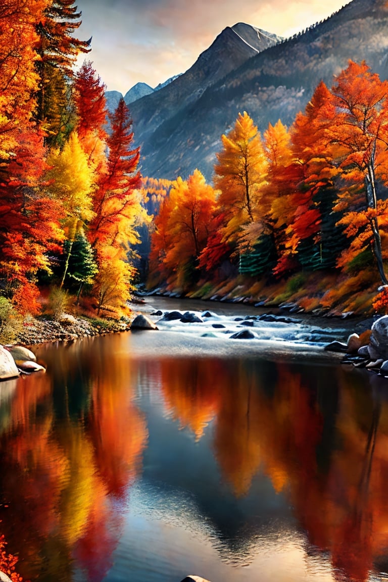 masterpiece, high quality, realistic aesthetic photo ,(HDR:1.2), pore and detailed, intricate detailed, graceful and beautiful textures, RAW photo, 16K, sharp forcus, (vibrant colors), high-contrast, cinematic lighting, ultra-detailed, very-detailed Beautiful natural scenery, at autumn, mountain with colorful-trees, river,