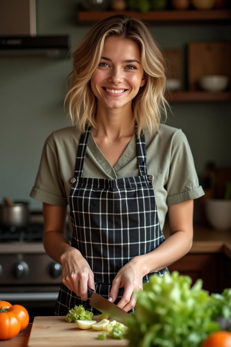 masterpiece, high quality realistic, aesthetic photo, pore and detailed, intricate detailed, graceful and beautiful textures, RAW photo, 16K, (bust up shot), in the mansion kitchin, cinematic lighting, beautiful woman, light smile, daek blond medium hair, check pattern apron over casual shirt, cutting lettuce with a knife