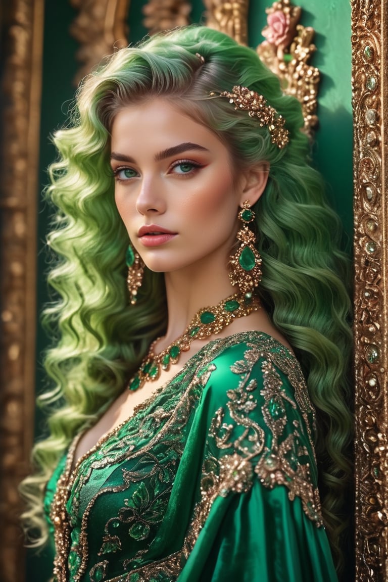 masterpiece, high quality realistic, fantacy-world art, aesthetic photo, pore and detailed, intricate detailed, graceful and beautiful textures, RAW photo, 16K, (head to waist portrait), side view, look at camera,background of emerald wall, captivating young girl engraved in Emerald, beautiful face, detailed eyes, light green medium wavy hair, rose hair ornament, black dress,