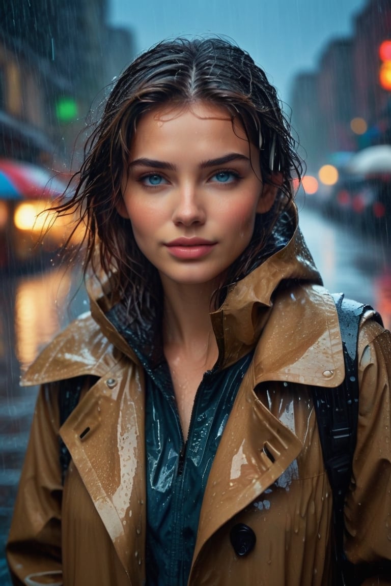 masterpiece, high quality realistic, realistic aesthetic photo ,(HDR:1.2), pore and detailed, intricate detailed, graceful and beautiful textures, RAW photo, 16K, sharp forcus, cool tone, vibrant colors, cool tone, (disappointed love theme:1.2), in the heavy rain city, (head to waist portrait), celebrity-1girl, beautiful face, detailed blue eyes, dark-brown medium hair, light brown duffel coat over black shirt, wet hair, ((skin wet with rain:1.2)), wet wear, regret, sad smiling face, tired, (put hand on head), 