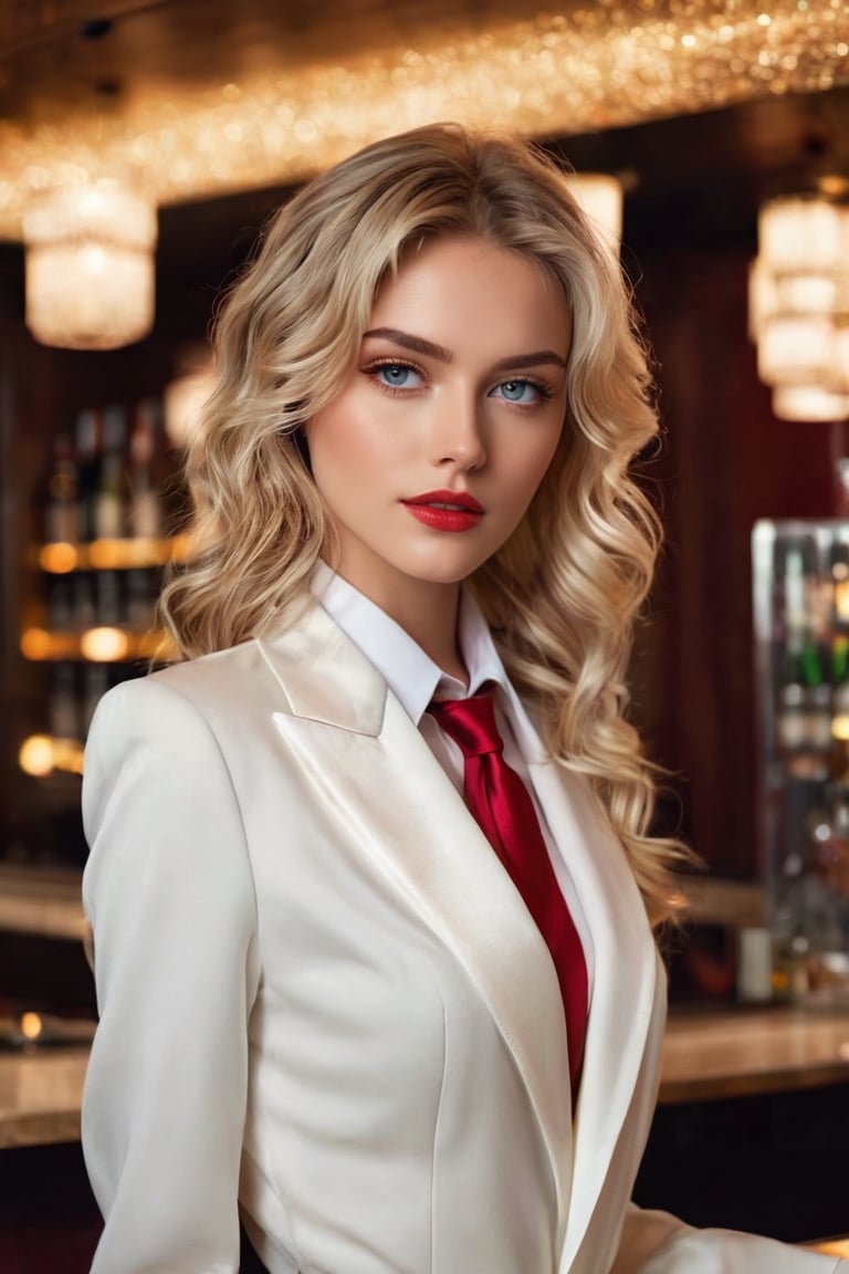 masterpiece, high quality, realistic aesthetic photo ,(HDR:1.2), pore and detailed, intricate detailed, graceful and beautiful textures, RAW photo, 16K, sharp forcus, high-contrast, cinematic lighting, in the luxury night-bar, beautiful model girl, light blond wavy medium hair, detailed eyes, white tuxedo over white collread shirt, red tie, standing at the counter,