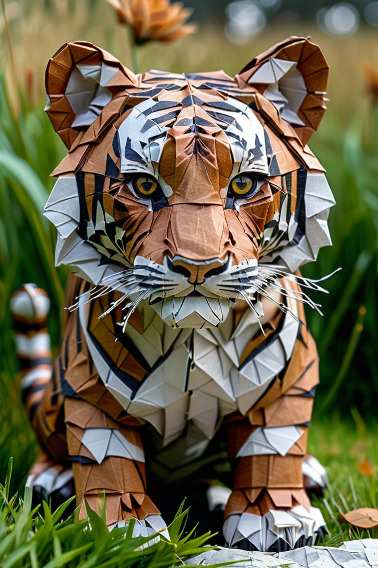 masterpiece, high quality, realistic aesthetic photo ,(HDR:1.2), pore and detailed, intricate detailed, graceful and beautiful textures, RAW photo, 16K, (orogami art),brown, black and white,  tiger in the grass, detailed eyes, close up face, 