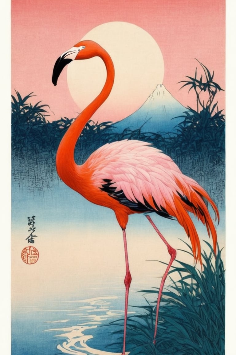 1pink flamingo in the wetland, forcus on, detailed, world famous works, ukiyoe-style, Works by Katsushika Hokusai, more detail XL,ukiyo_e