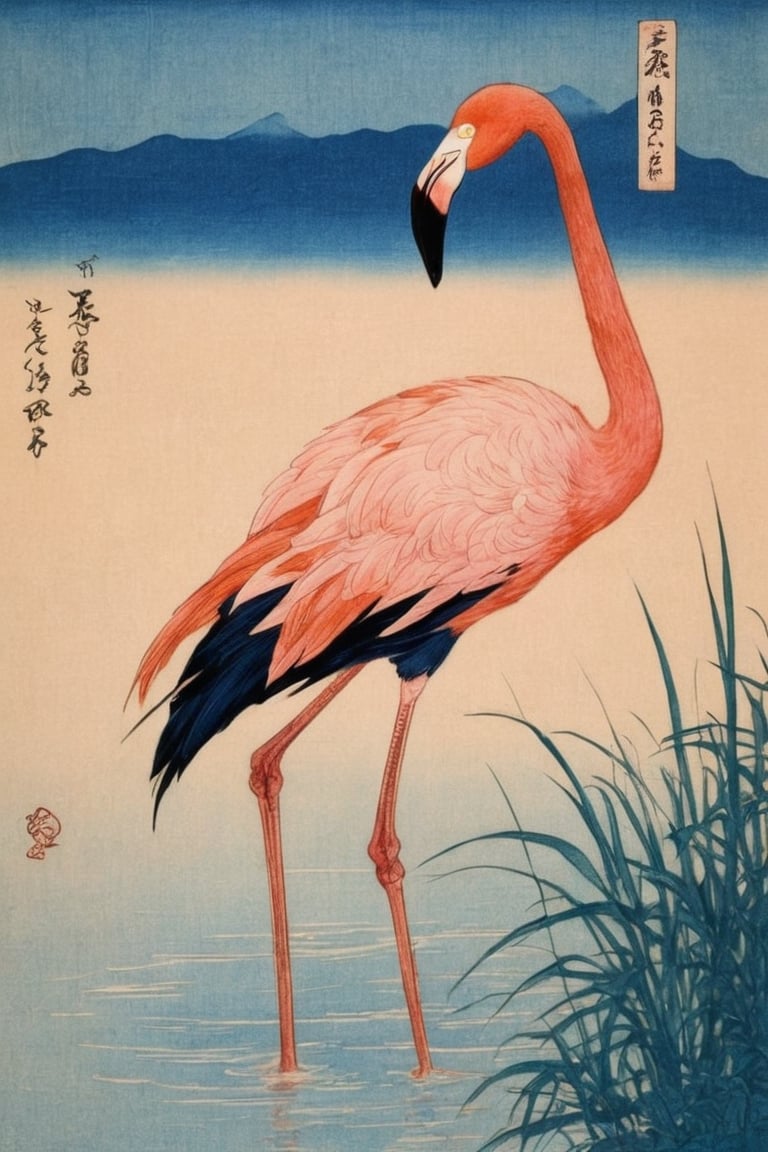 1pink flamingo in the wetland, forcus on, detailed, world famous works, ukiyoe-style, Works by Katsushika Hokusai, more detail XL,ukiyo_e