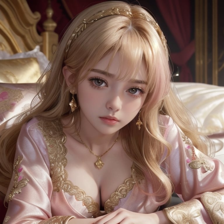 photorealistic, masterpiece, best quality,(close-up face shot,)  look at camera, dynamic lighting,  low key, intricate detail, detailed fair skin, pore, highres, hdr, in the dark castle bedroom, (13yo-babyface-1-girl), beautiful detailed eyes,angry face, blonde wavy short hiar, blunt bangs, medium_breasts, gold thin ruby necklace, cleavage,cute, pout, 
 ((light-pink and gold satin-fabric fine-embroidery clothes)), (((lie down on your stomach))), low-position, from below,