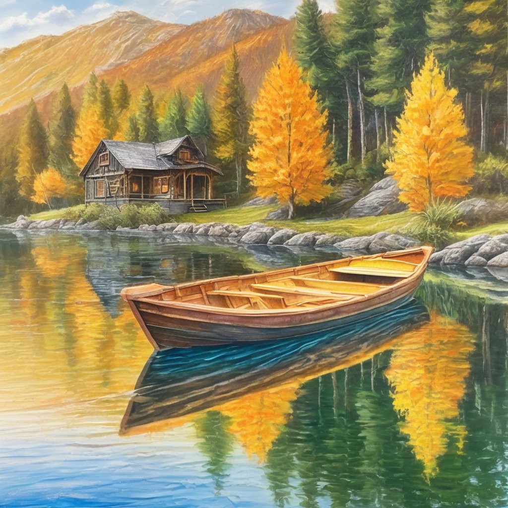 masterpiece, high quality realistic, (oil painting art), aesthetic photo, pore and detailed, intricate detailed, graceful and beautiful textures, RAW photo, 16K, 1boat , wooden boathouse near a lake deep in the mountains,Charcoal drawing, black pencil drawing,colored crayons,