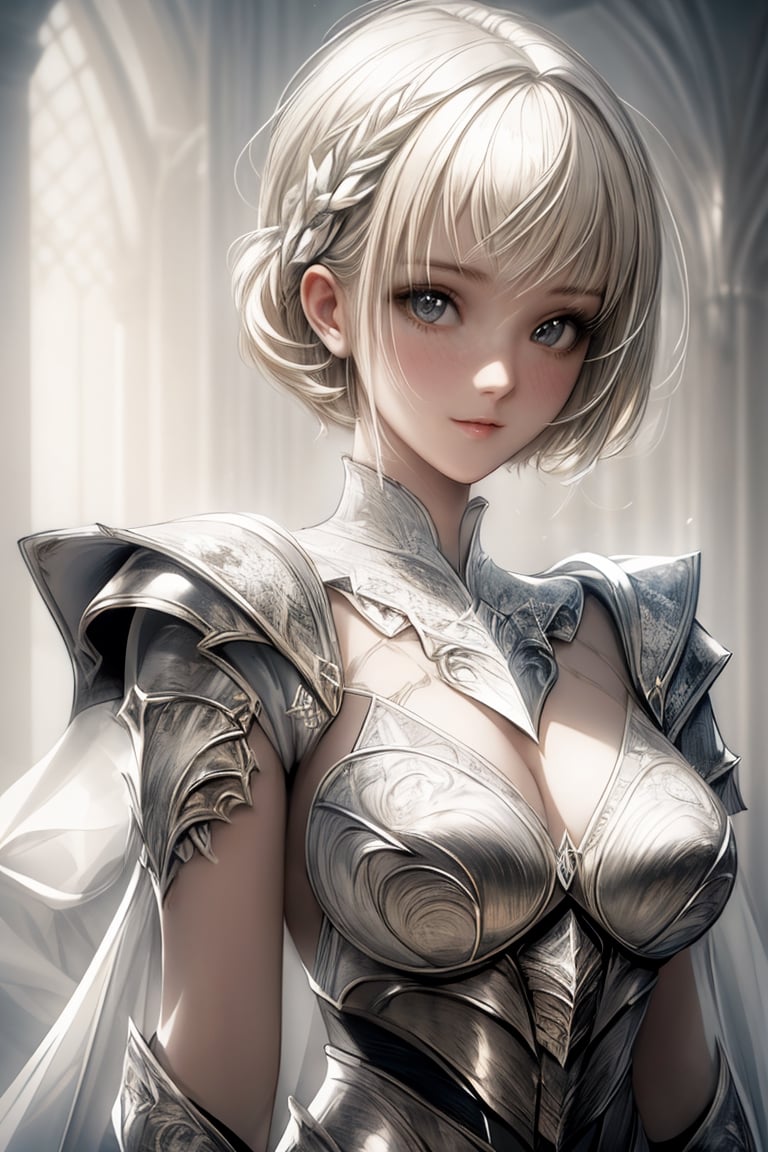 masterpiece, high quality, animation aesthetic photo ,(HDR:1.3), pore and detailed, intricate detailed, graceful and beautiful textures, RAW photo, 16K, diffused sunlight, , high contrast, wide shot, front view, (head to waist portrait),, (white-Knight girl theme:1.4)), beautiful girl, detailed face, gentle smile, light-blond curl short hair, fair skin, (white sexy armor with jewelry), high detailed, ultra detailed, vibrant colors, ambient lighting, high resolution, world-class official images, impressive visual, perfect composition,1 girl