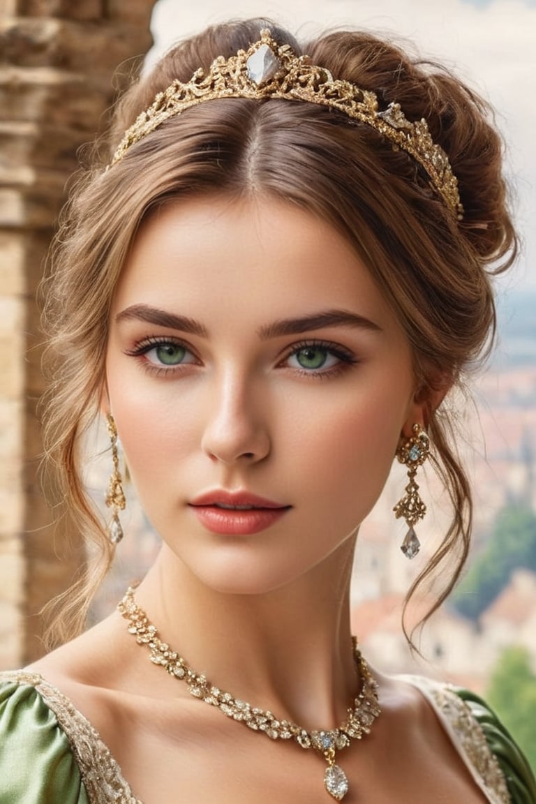 masterpiece, high quality, realistic aesthetic photo ,(HDR:1.2), pore and detailed, intricate detailed, graceful and beautiful textures, RAW photo, 16K, sharp focus, natural soft lighting, on the castle balcony, background of medieval european town,                                               
beautiful young woman, beautiful face, detailed light-green eyes, eye shadow, smooth fair skin, light-brown hair, hair tied back, juicy lips, hair band with diamond, necklace, earrings, victorian-dress with diamond,photo r3al