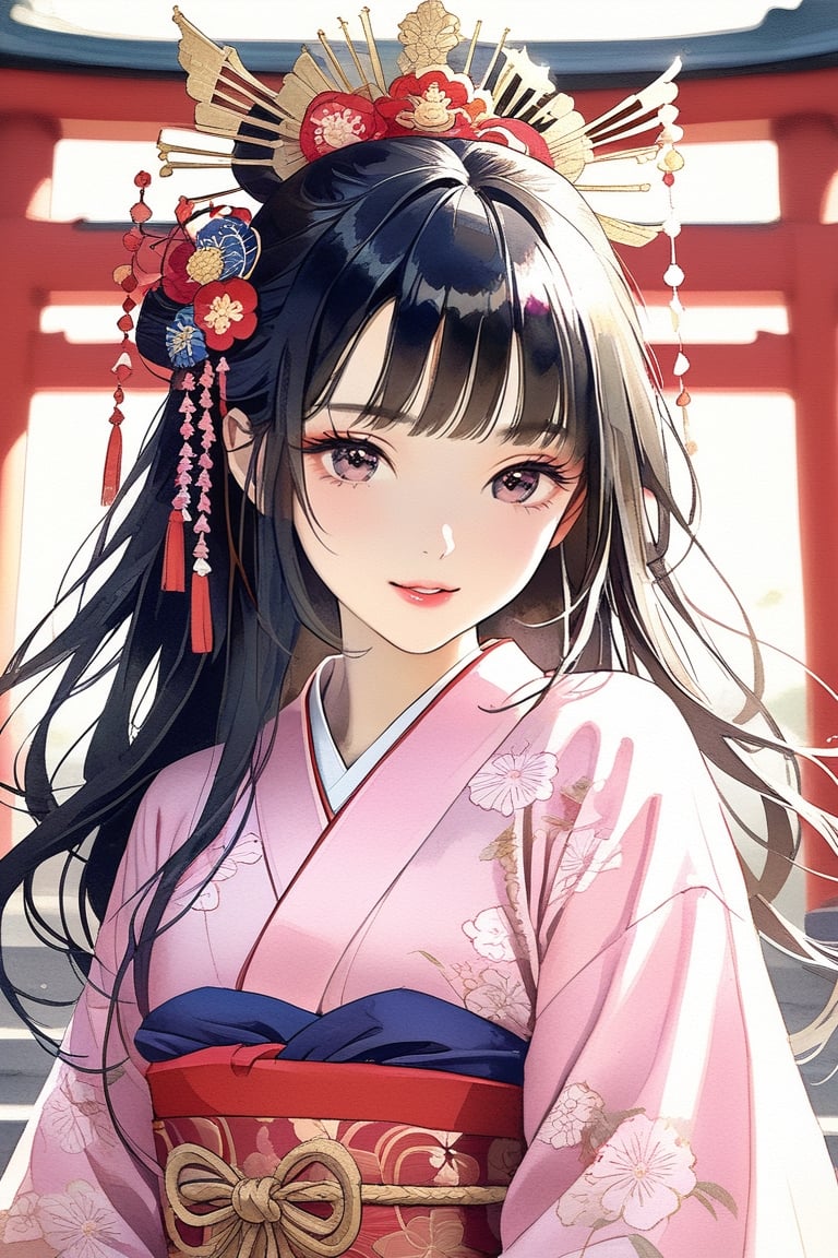 masterpiece, high quality, realistic aesthetic photo, pore and detailed, intricate detailed, graceful and beautiful textures, RAW photo, 16K, ((ancient-japan royal-palace theme)), cowboy shot, shrine-lady, beautiful face, little smile, black long straight shiny hair, dull bangs, hair tied back, 
big luxurious hair ornament, detailed eyes, eye shadow, juicy lips, dark-pink kimono,Indian beauty