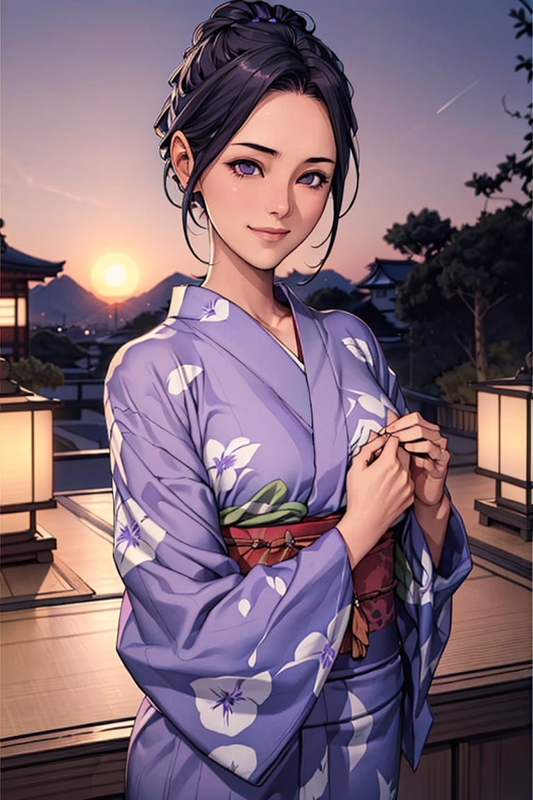 a beautiful japanese 1girl, detaled face, fair skin, shy smile, dark eyes, decorative topknot black hair, red ornate hairpin, evening sun, evening sky,  outdoor, kyoto in the summer,                                                                                                   ((light-purple-color detailed-purple-Bellflowers-pattern cotton-fabric yukata))