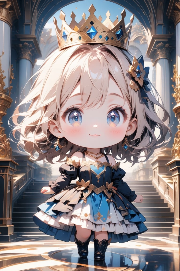 masterpiece, high quality animetion, aesthetic photo ,(HDR:1.2), pore and detailed, intricate detailed, graceful and beautiful textures, RAW photo, 16K, sharp forcus, vibrant colors, ((chibi character theme:1.4)), (head to waist portrait), on the catsle marble stairs, 5yo cute-princess, (wide shot), detailed cute face, smile, medium hair, large eyes, fair skin, necklace, crown, princess dress,chibi