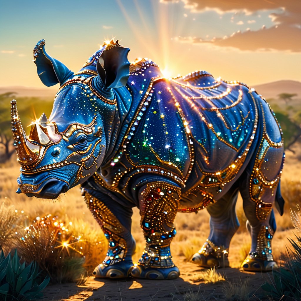 Shot of a majestic rhinoceros standing majestically in a sun-drenched savannah landscape. Cinematic lighting casts a warm glow, highlighting intricate textures and pores as if illuminated by a thousand tiny jewels. The camera captures the full body of the magnificent creature, adorned with sparkling gems that refract the light, creating a masterpiece of high-quality realism. In stunning 16K resolution, ever