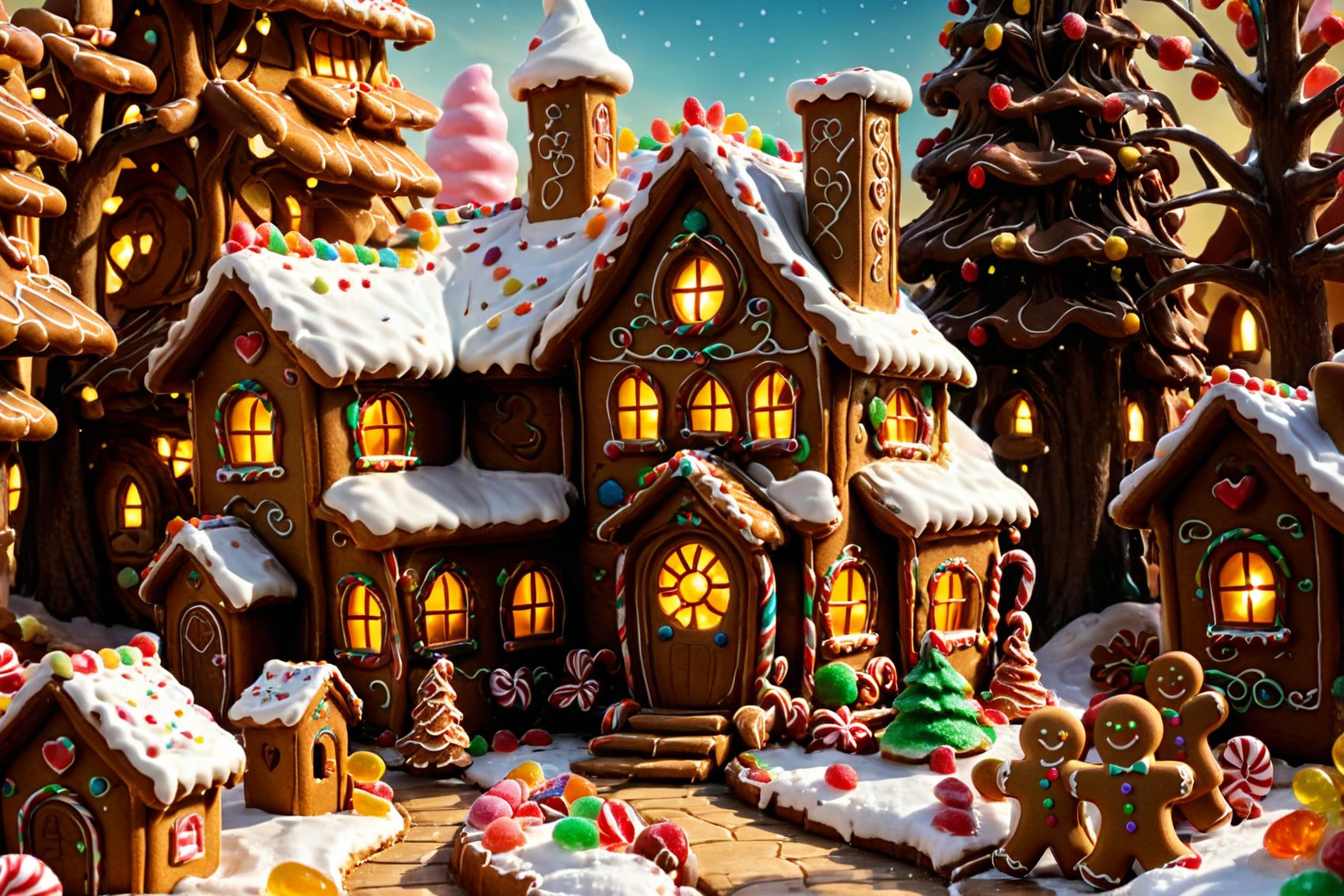 masterpiece, high quality animation, aesthetic photo ,(HDR:1.4), pore and detailed, intricate detailed, graceful and beautiful textures, RAW photo, 16K, warm tone, sharp, in the snow, (gingerbread-house:1.4), confectionery,  scattered gummies,, cookie outer wall, cookie roof with fresh-cream, candy tree, colorful,more detail XL,kid_backdrop,ADD MORE DETAIL