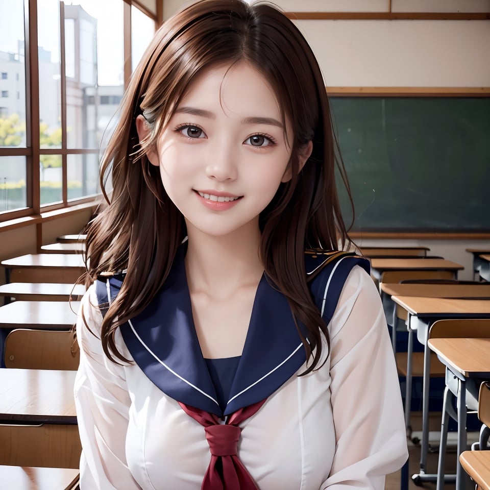 masterpiece, 8k, RAW, photo realistic, detailed finger, (a 16yo japan girl),  cute face,  light smile, smooth soft parl skin, light-blown medium wavy hair, medium breasts, (at classroom),  blackboard,                                                                       
(japanese high-shcool sailor uniform)  ,enjoy talking                   
