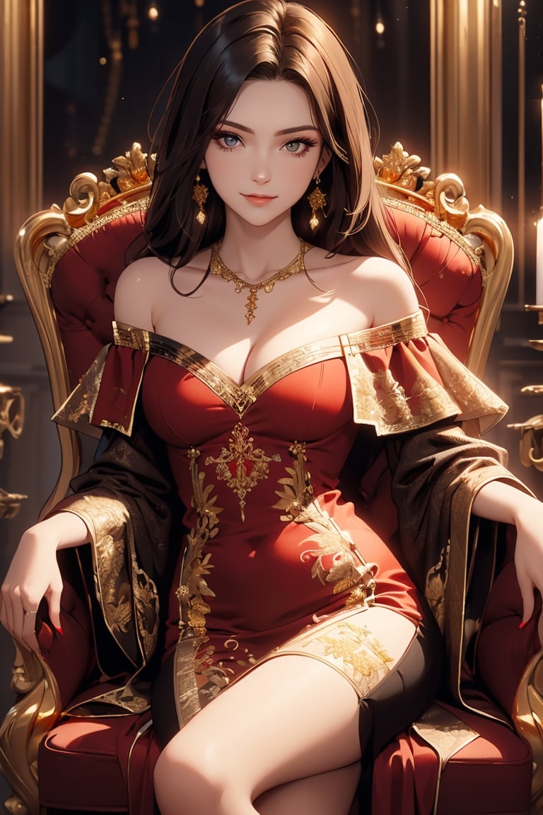 masterpiece, best quality, 8k high quality photo, intricate detail,  catsle's livingroom, look at camera,
25yo-1girl, detailed fair skin, detailed face, smirk, dark-brown shoulder length straight hair, large breasts, cleavage, small gold necklace,(dark-red and gold fine-embroidery off-shoulder dress:1.5), crossed_legs, sit in a luxurious chair