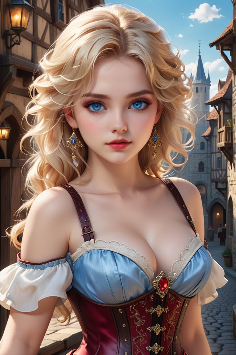 masterpiece, high quality animation, aesthetic photo, pore and detailed, intricate detailed, graceful and beautiful textures, RAW photo, 16K, (cowboy shot), in the medieval europe cityscape, unusual mixture of cute girl and Ruby, elegant face, light blue eyes, eye shadow, smooth fair skin,blond  medium wavy hair, thin ruby corset, white sexy dress,real_booster