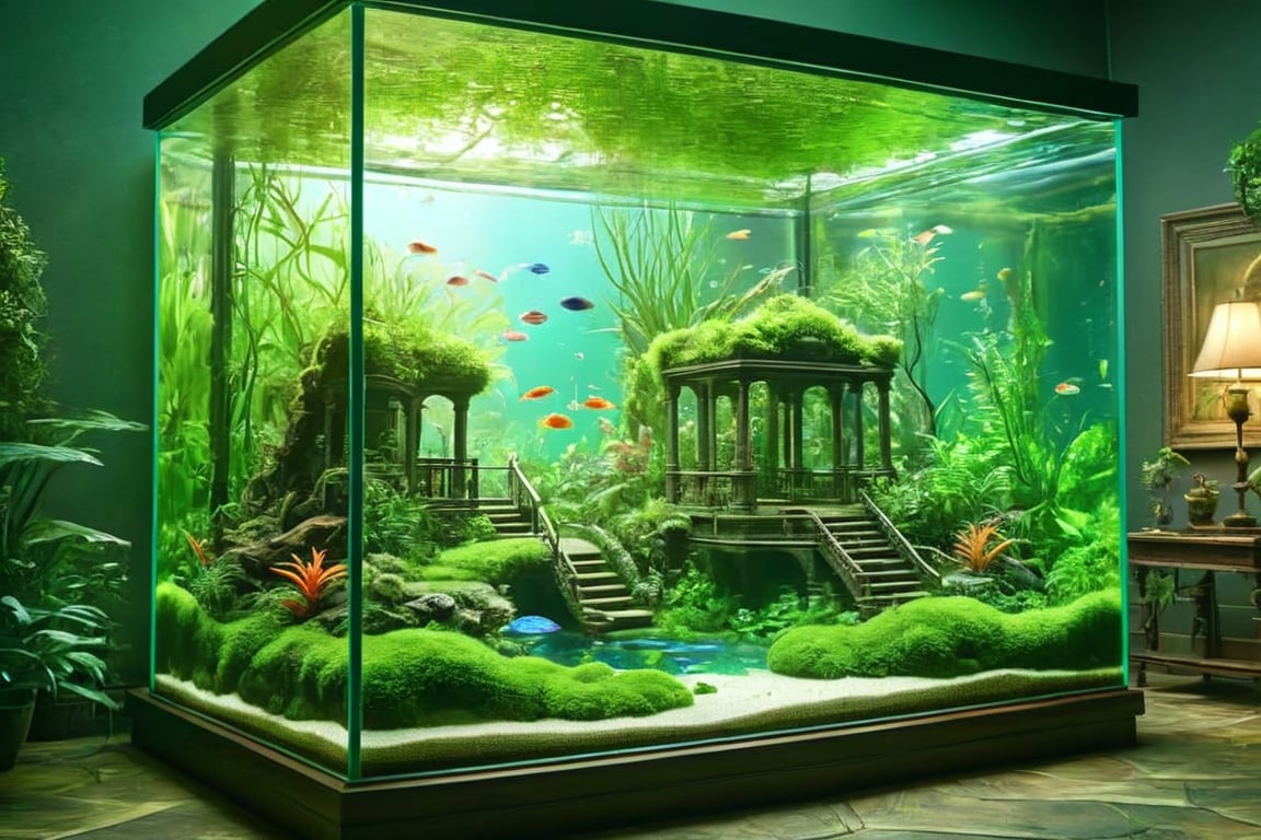 masterpiece, high quality realistic, realistic aesthetic photo, (in the mansion livingroom), aquarium theme, moss jungle in the water-tank, small-fish, jungle, moss,