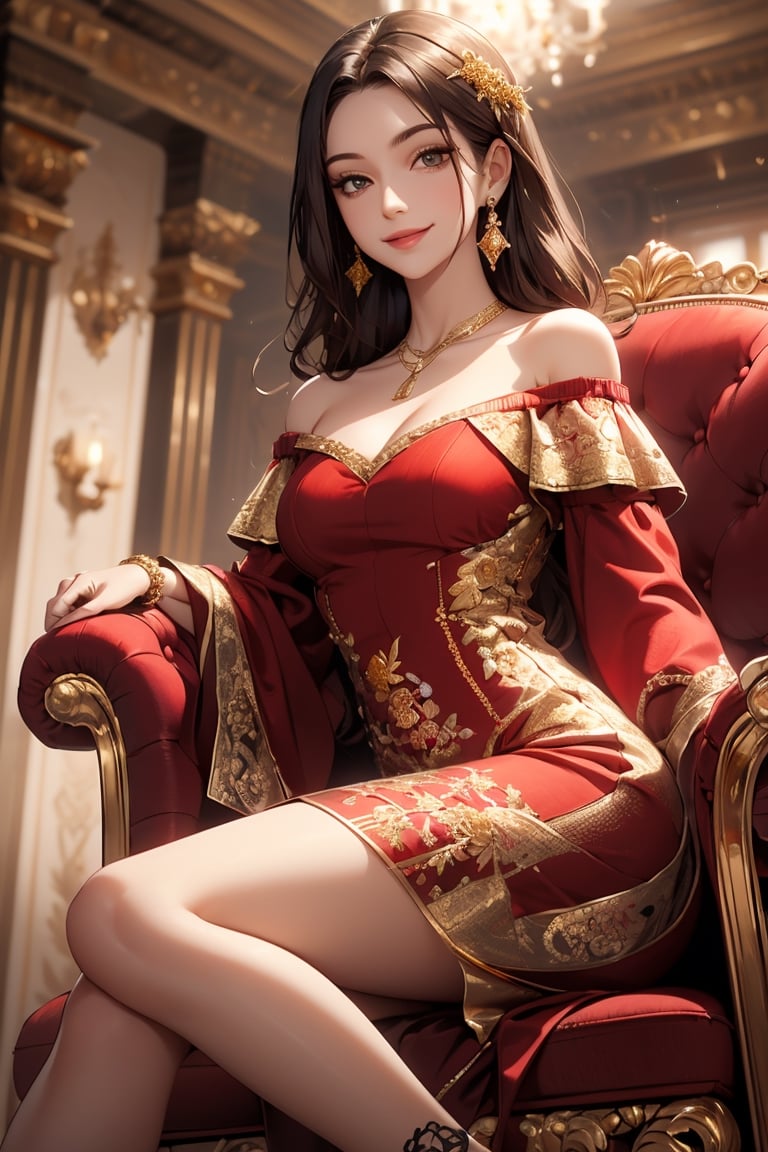 masterpiece, best quality, 8k high quality photo, intricate detail,  catsle's livingroom, look at camera,
25yo-1girl, detailed fair skin, detailed face, evil smile, dark-brown shoulder length straight hair, large breasts, cleavage, small gold necklace,(dark-red and gold fine-embroidery off-shoulder dress:1.5), crossed_legs, sit in a luxurious chair, from below,