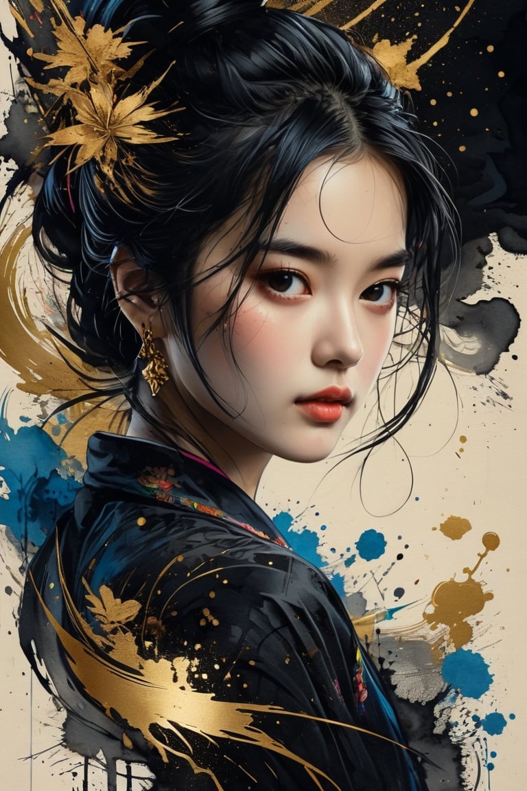 masterpiece, high quality photo, cool tone, (black simple background), colorful cute-girl carved on gold, (wide shot), unpleasant look, drtailed face,INK,ink