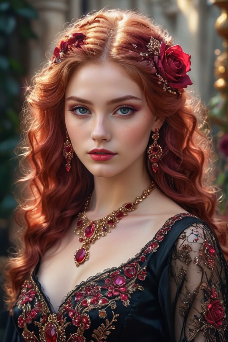 masterpiece, high quality realistic, fantacy-world art, aesthetic photo, pore and detailed, intricate detailed, graceful and beautiful textures, RAW photo, 16K, (head to waist portrait), look at camera, background of Ruby catsle, captivating young girl engraved in Ruby, beautiful face, detailed eyes, light red medium wavy hair, rose hair ornament, black dress,