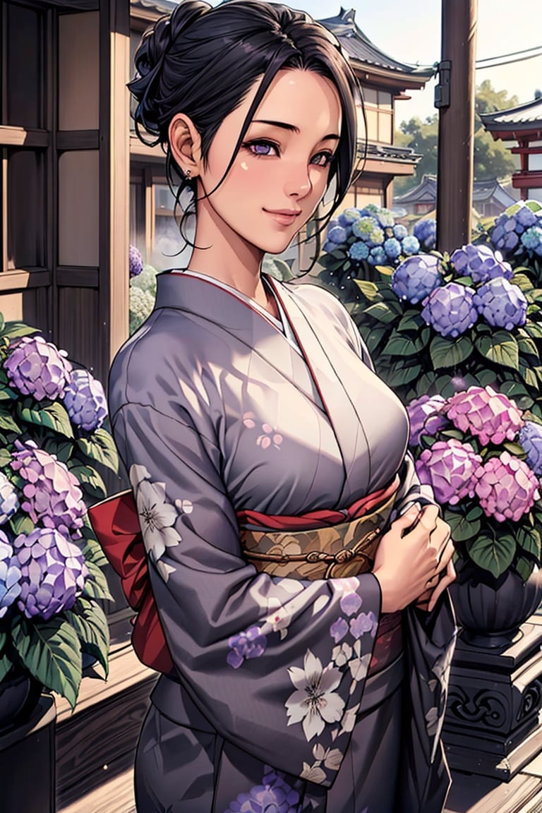 a beautiful japanese 1girl, detaled face, fair skin, shy smile, dark eyes, decorative topknot black hair, red ornate hairpin, morning lighting, outdoor, kyoto in the early summer,                                                                                                    ((charcoal-gray-color detailed-many-purple-hydrangeas-pattern brocade kimono))