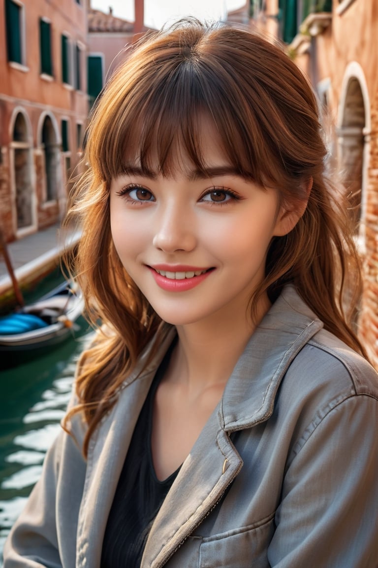 masterpiece, high quality, realistic aesthetic photo ,(HDR:1.2), pore and detailed, intricate detailed, graceful and beautiful textures, RAW photo, 16K, sharp forcus, vibrant colors, natural and soft light, head lighting, warm tone, in venice,                                                                                                            
1girl, detailed beautiful face, (gentle smile), light-brown medium hair, dull bangs, detailed dark smiling eyes, juicy pink lips, light-gray jacket over black body suit, jeans, model posing,