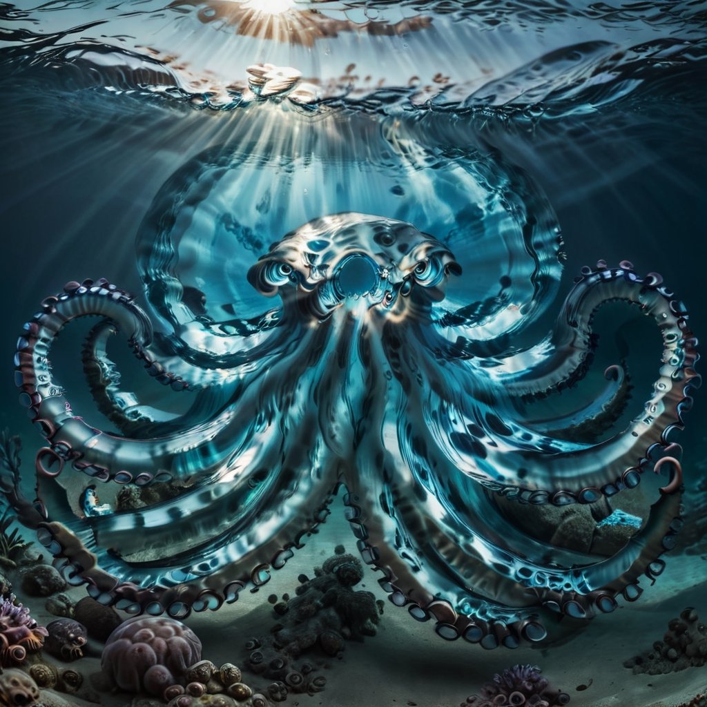 masterpiece, high quality, realistic aesthetic photo, pore and detailed, intricate detailed, graceful and beautiful textures, RAW photo, 16K, cinematic lighting, in the bottom of the sea, detailed octopus made of water