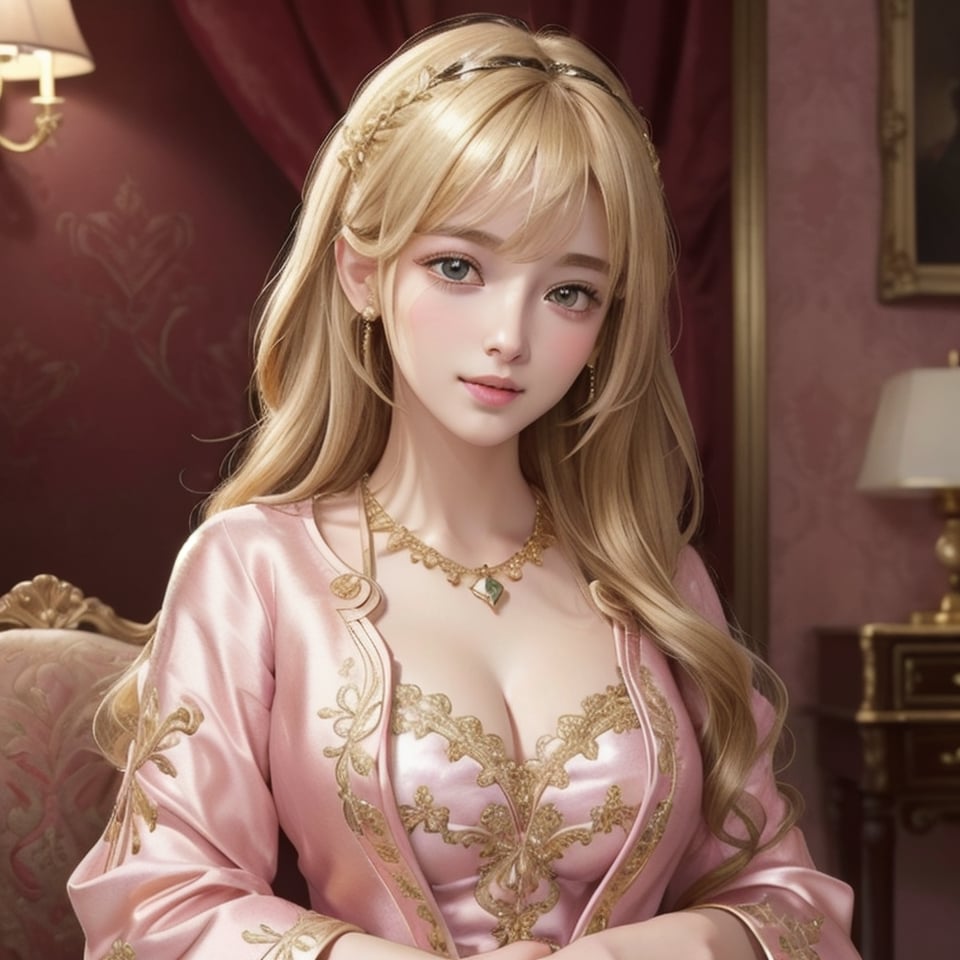 ((beautiful detailed eyes)), photorealistic, masterpiece, best quality, look at camera, dynamic lighting,  low key, intricate detail, detailed fair skin, pore, highres, hdr, in the dark castle livingroom, (13yo-babyface-1-girl), cheerful face, blonde wavy short hiar, blunt bangs, medium_breasts, gold thin ruby necklace, cleavage,cute, friendly,
 ((light-pink and gold satin-fabric fine-embroidery clothes)),((bust-up shot))Detailedface