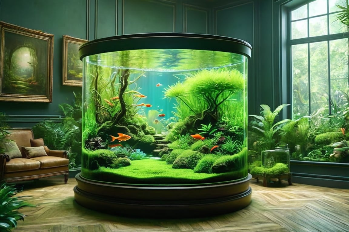 masterpiece, high quality realistic, realistic aesthetic photo, (in the mansion livingroom), aquarium theme, moss jungle in the water-tank, small-fish, jungle, moss,