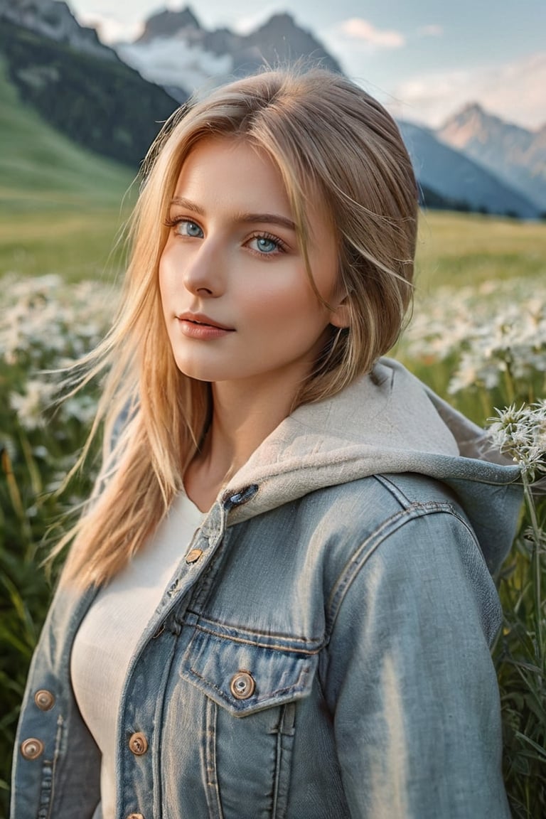 masterpiece, high quality, realistic aesthetic photo, pore and detailed, intricate detailed, graceful and beautiful textures, RAW photo, 16K, cinematic lighting, diffused light, forcus on, on the grassland of edelweiss, Alps in the background, cowboy shot,
25yo-swiss-1girl, cute face, enchanting, little smile, blond medium straight hair, dull bangs, smooth fair skin, beautiful light-blue eyes, eye shadow, large breasts, (light-gray Hooded-Jacke over white shirt), (jeans),