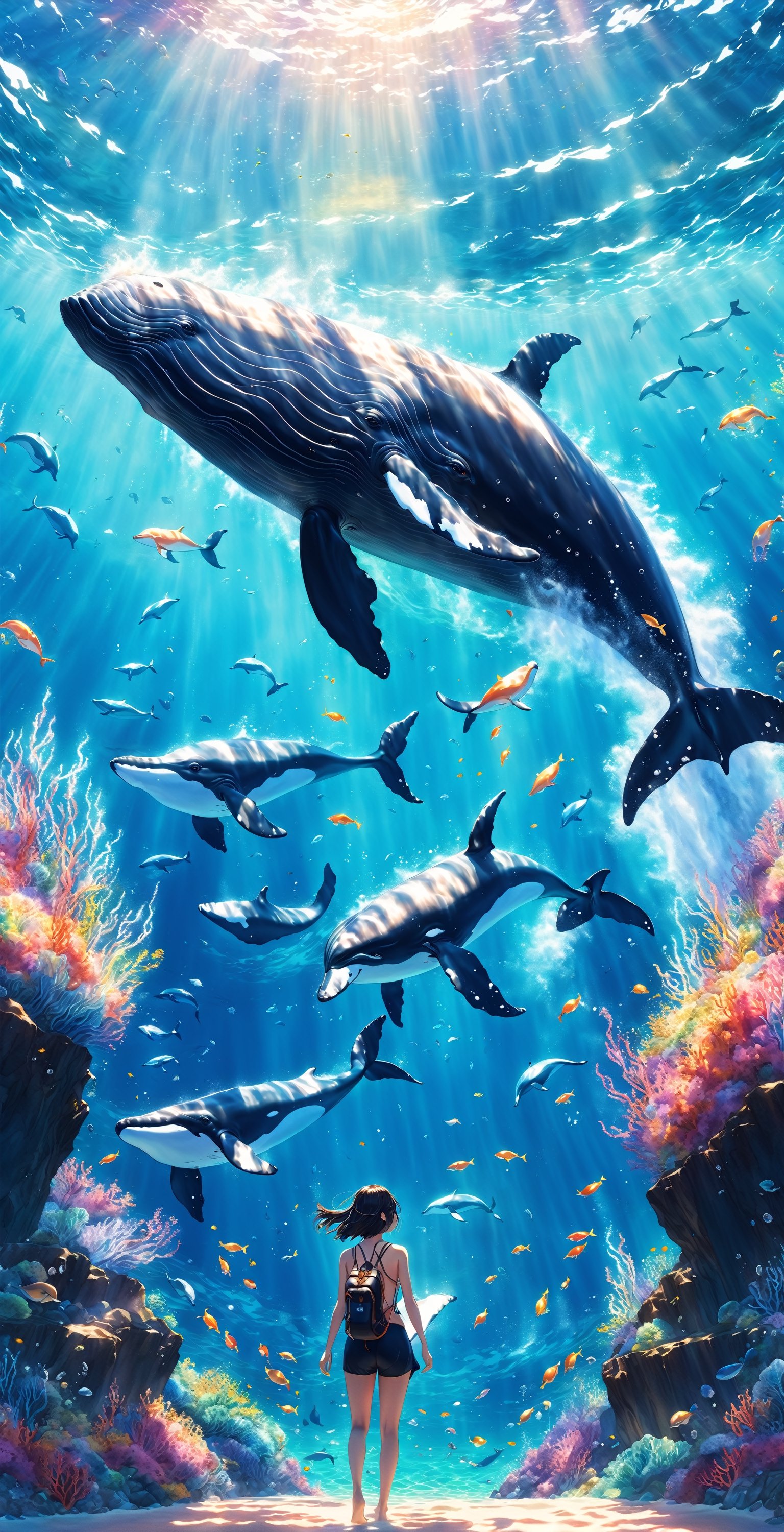 Painting of whales swimming in colorful ocean, Look up at the composition, Jellyfish and whales, Inspired by Cyril Rolando, A beautiful artwork illustration, author：Shitao, colorful concept art, Makoto Shinkai Cyrillo Rolando, In the style of Cyril Rolando, whale, Highly detailed watercolor 8K, highly detailed water colour 8 k,octane,the end,Realistic,8K,Estilo de Makoto Shinkai( reasonable design, 清晰的线条, High- sharpness,Best quality, Very detailed, Master parts, movie light effect, 4K ),A boy and a girl swim at the bottom of the sea,dream magical,The fish,,detailmaster2