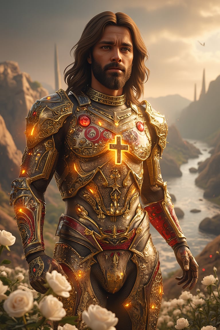 Jesus in medieval bronze jewel encrusted Diamond all white spacesuit diamond white galactic universe stellar red jewel armor with a glowing cross on his chest in a field of white diamond roses and flowing white rivers Unreal engine 5