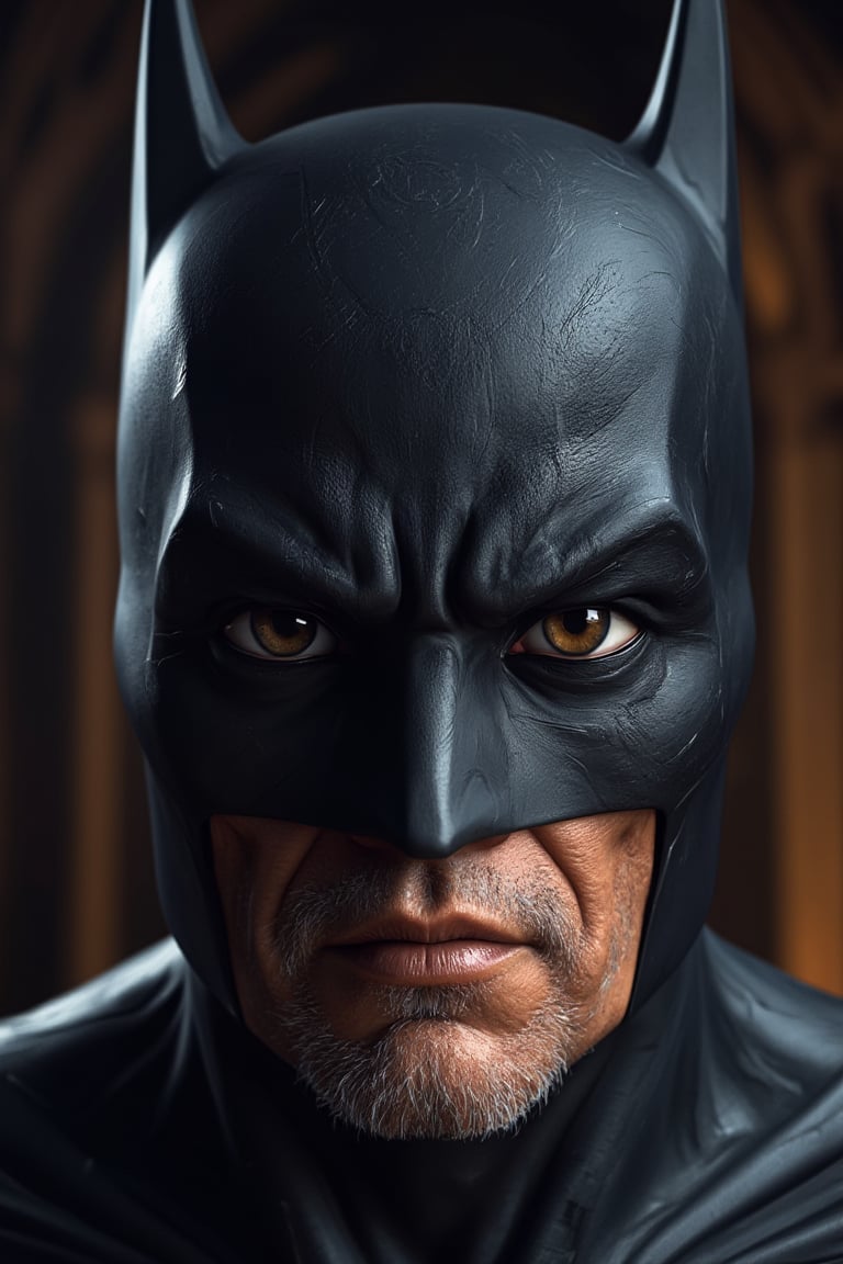 hyperrealism style close-up portrait of a very old Batman, noticable wrinkles on his face, his eyes filled with knowledge and experience