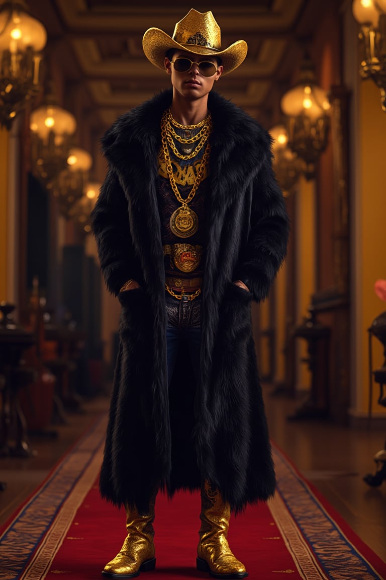 A magnificent pimpin hip-hop cowboy wearing a golden cowboy hat, black faux fur coat, Golden chains with the golden word, "BOKACHI" on the chain, Golden cowboy boots, super cool gold framed sunglasses, cinematic