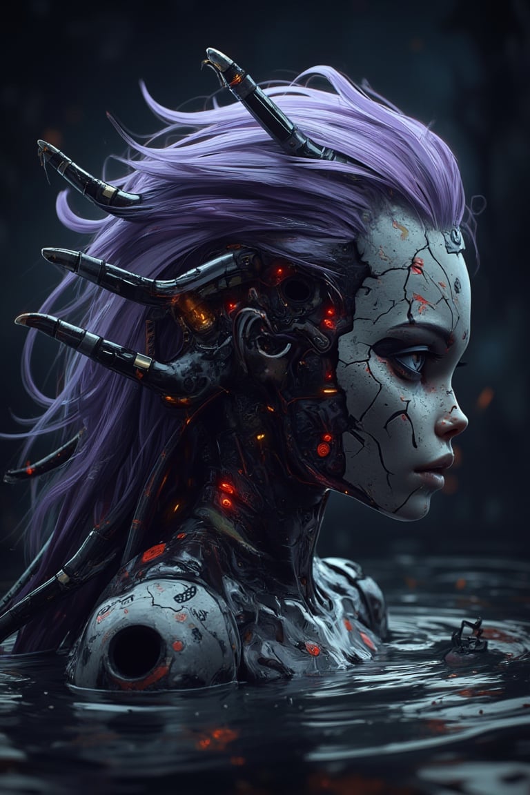 cyberpunk, Detailed, bold lines, ultra realistic, horror, dim colors, ((cut hands)), (cut wires and pipes instead of hands) offcenter, floating on water, (the palate consists of white black and red),(no nose), ((Hole instead of nose)), washed out purple hair, messy hair, her long hair, scary menacing hubris expression, zoom in on face, view form a side, looking away from the camera, monster woman, smooth ceramic head with deep cracks like mask falls off piece by piece, dynamic pose, wet intricate slimy tentacles, reflective skin, visible intricate ornate detailed joints, upper body shot, wet skin, in the water, dark waters in the night, intricate pipes, ceramic with detailed joints, silky tentacles, smooth, sharp,