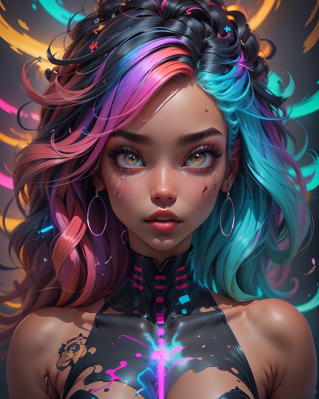 1 girl, full body, symmetrical face, perfect brown eyes, smoke, sparks, (female hair made of fine multicolored neon curls:1.5), (long thin hair made of multicolored neon strands flowing down the body), smoky skin, realism, (in a colorful candy world:1.2), in an absurd manga context, ultra high resolution, 8k, HDr, art, high detail, , art