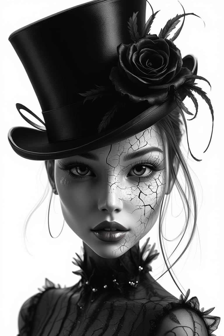 A black-and-white photo of a woman with a gothic-inspired appearance. She wears a tall, elegant hat adorned with a single dark rose. Her face is divided into contrasting sections--half of it has smooth, flawless skin tones, while the other half is composed of rough, textured patterns resembling cracked porcelain. Her lips are a deep red. The background is stark white. The artwork plays with dualities--smooth versus rough, light versus dark--and evokes a sense of gothic elegance with a touch of surrealism. 32KUHD