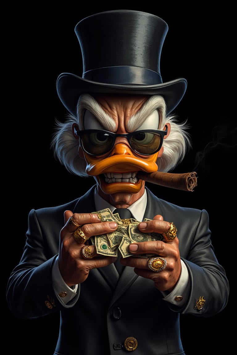 editorial, front view, cartoon, alpha male, Scrooge McDuck as a mad business man with a suit and rings and sunglasses counting money and a cigar in his mouth and a hat on his head, angry face black background, detailed oilpainting