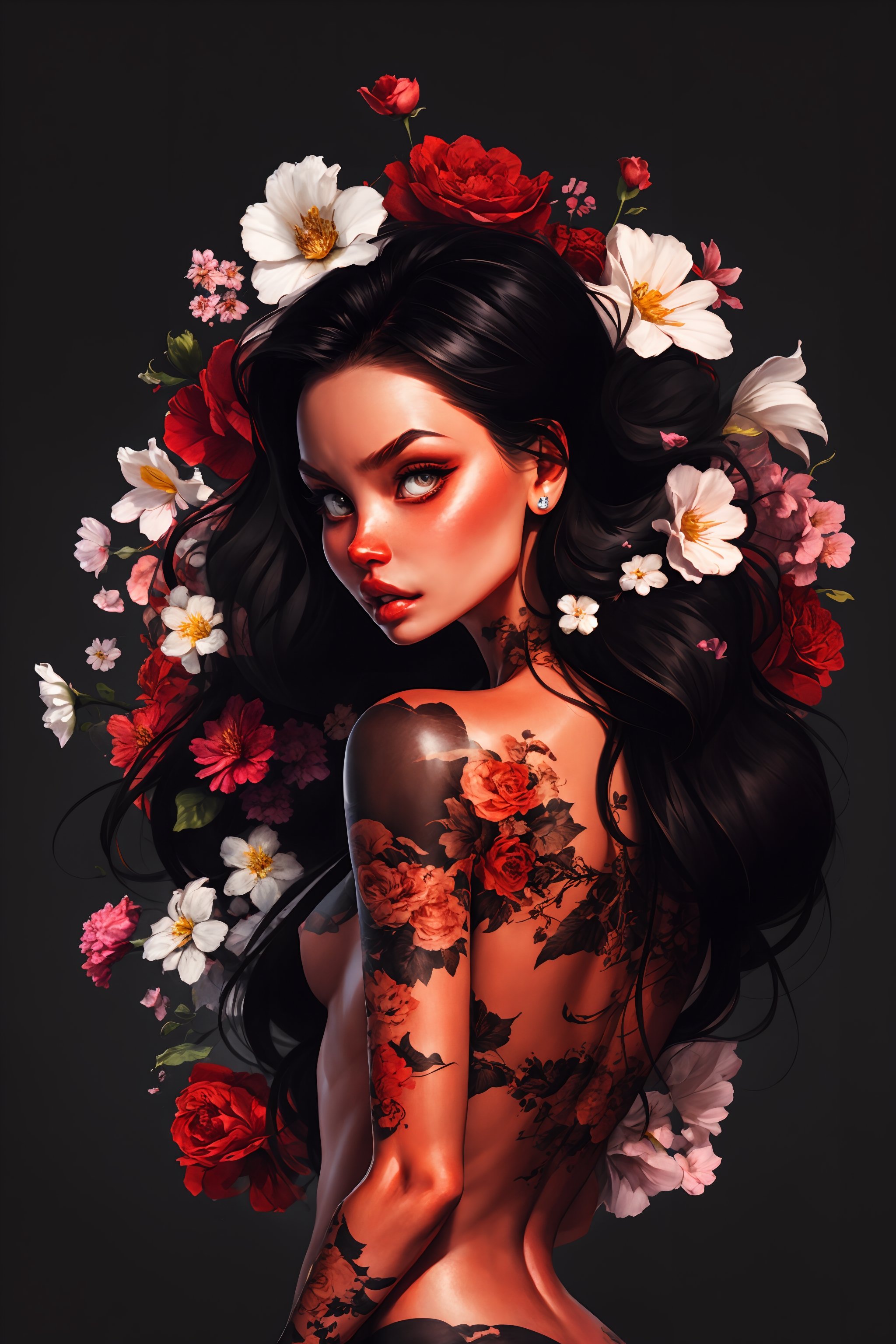 1girl, black hair, flowers tattoo on the body, lips black tattoo