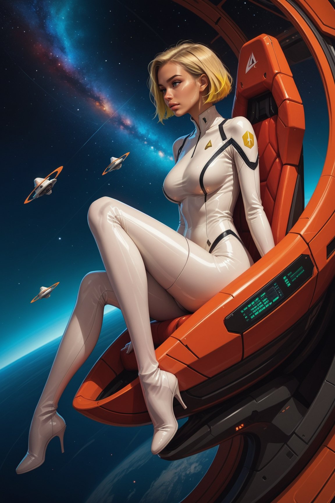 score_9, score_8_up, score_7_up,  side view, (full body:1.2), woman in a white latex suit, pilot, sitting in spaceship cockpit, galaxy, solo, against night sky, star sky, galaxy, hips, large breasts, Star Trek setting, retrofuturism, blonde hair, (very short hair:1.2), high top cut, red cape, multicolored hair, galactic inner hair, tattoo,   concept art,  expressiveh,  